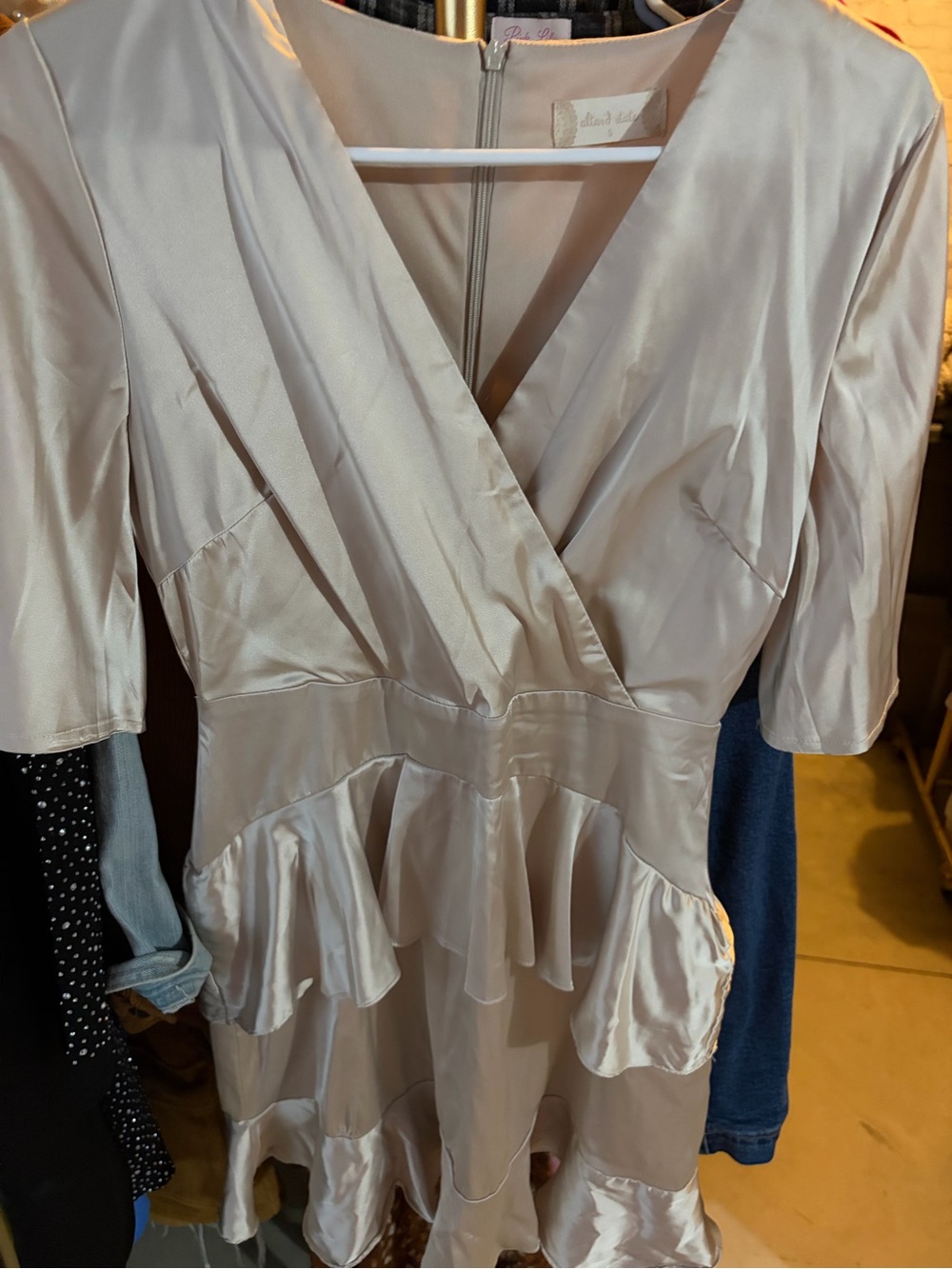Altar'd State Satin-Feel Wrap Ruffle Dress in Light Champagne